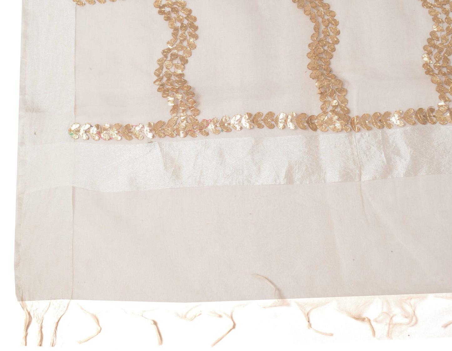 Sushila Vintage White Dupatta Gold Floral Embroidery Art Organza Silk Long Stole