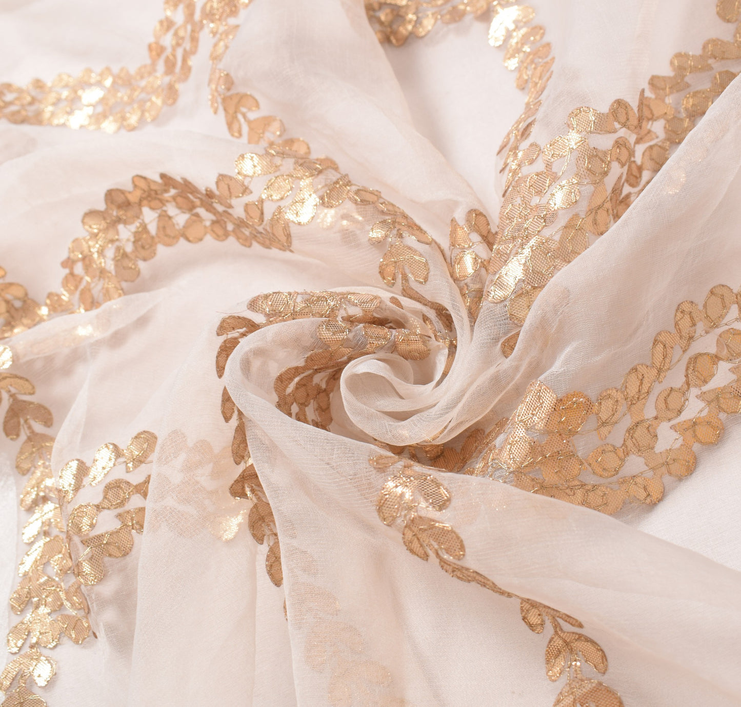 Sushila Vintage White Dupatta Gold Floral Embroidery Art Organza Silk Long Stole