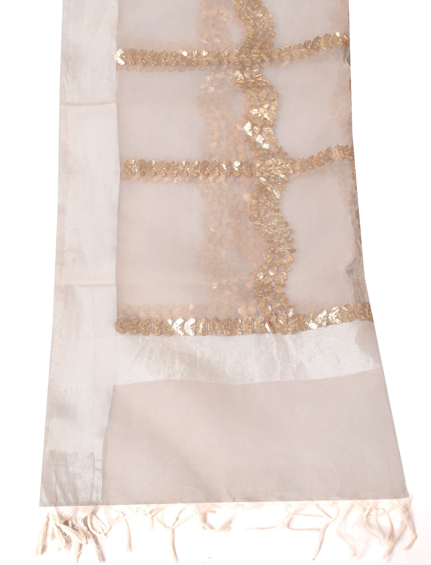 Sushila Vintage White Dupatta Gold Floral Embroidery Art Organza Silk Long Stole
