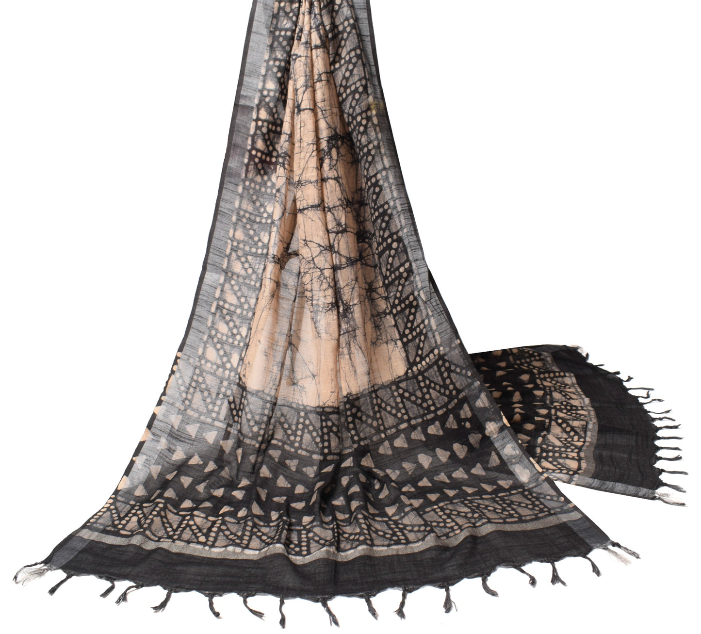 Sushila Vintage Batik Printed Dupatta Pure Cotton Black & Peach Long Stole Veil