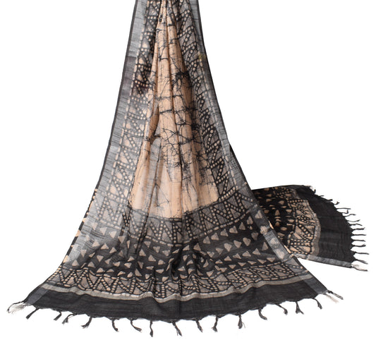 Sushila Vintage Batik Printed Dupatta Pure Cotton Black & Peach Long Stole Veil