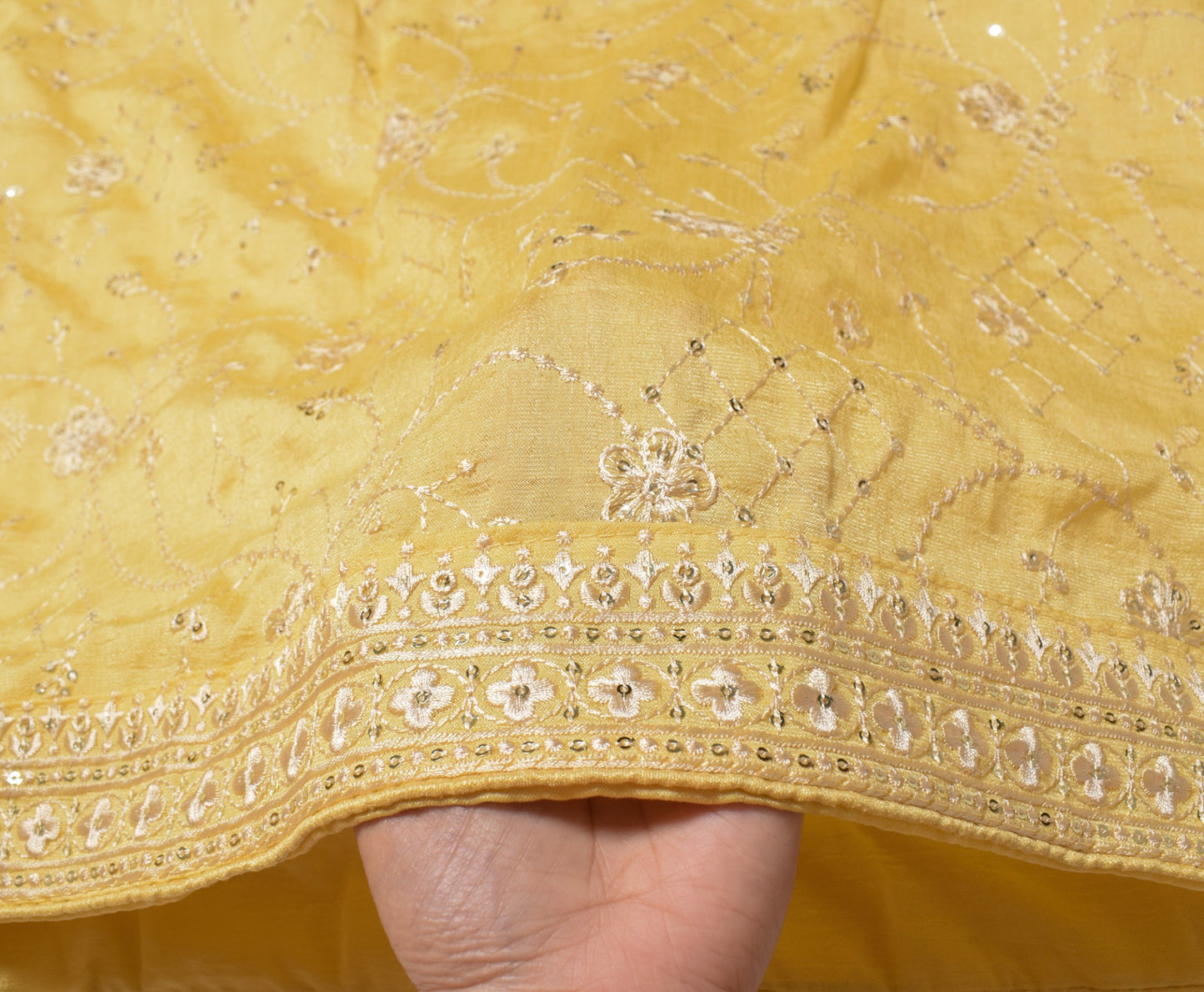 Sushila Vintage Floral Yellow Dupatta Art Silk Sequins Embroidered Long Stole