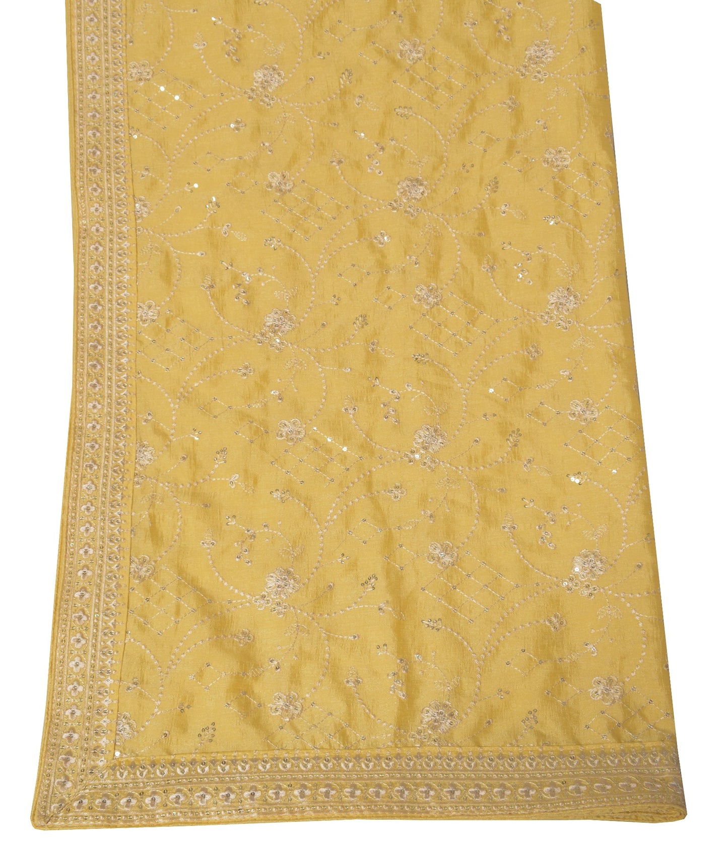 Sushila Vintage Floral Yellow Dupatta Art Silk Sequins Embroidered Long Stole