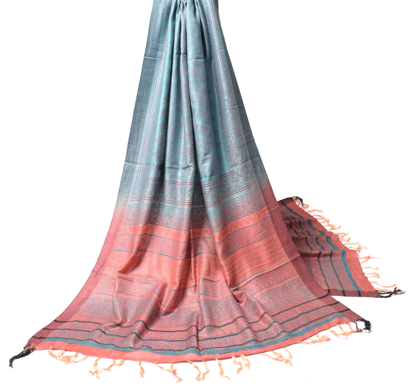 Sushila Vintage Pure Woolen Dupatta Sky Blue & Peach Hand Block Floral LongStole