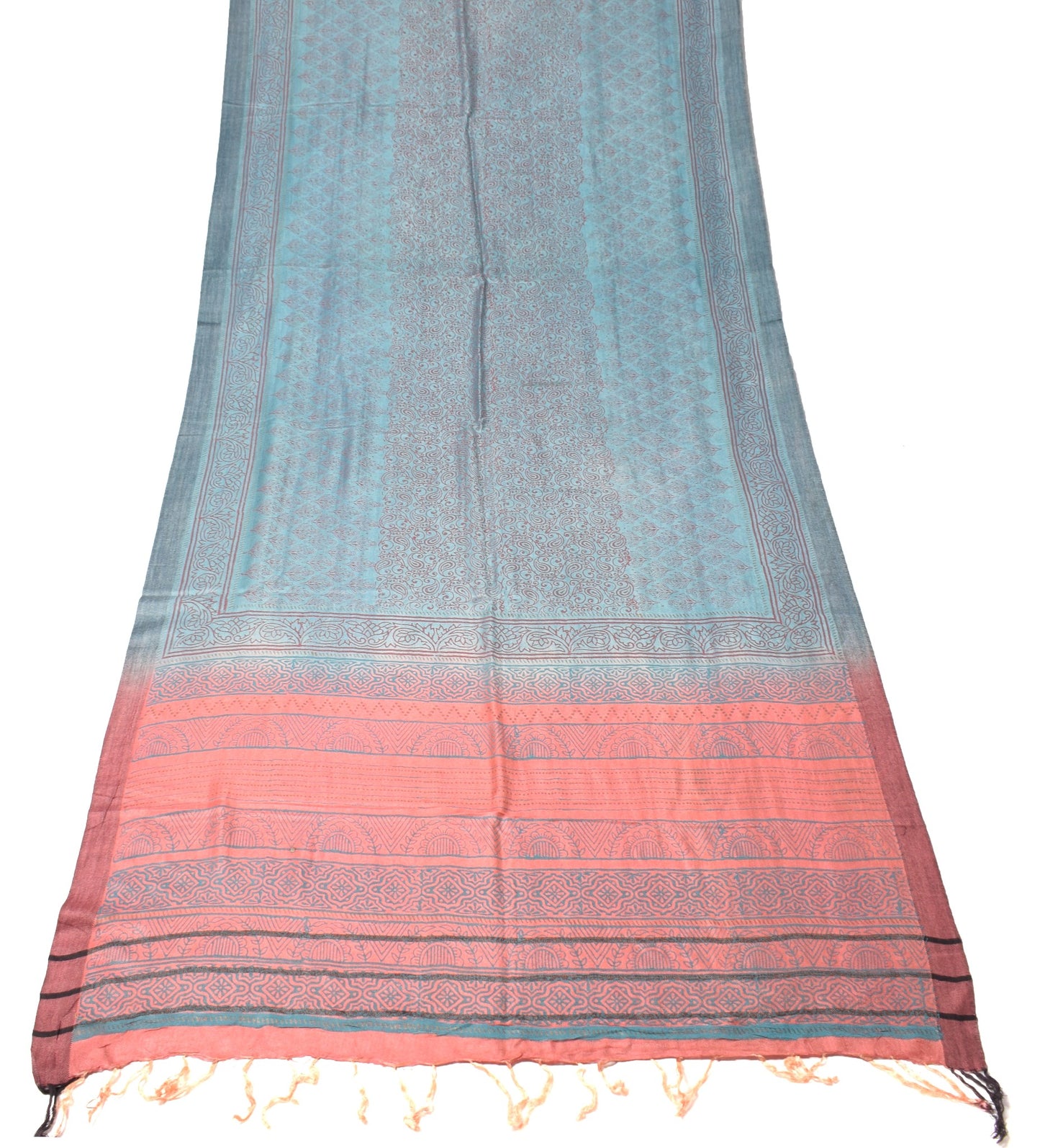 Sushila Vintage Pure Woolen Dupatta Sky Blue & Peach Hand Block Floral LongStole