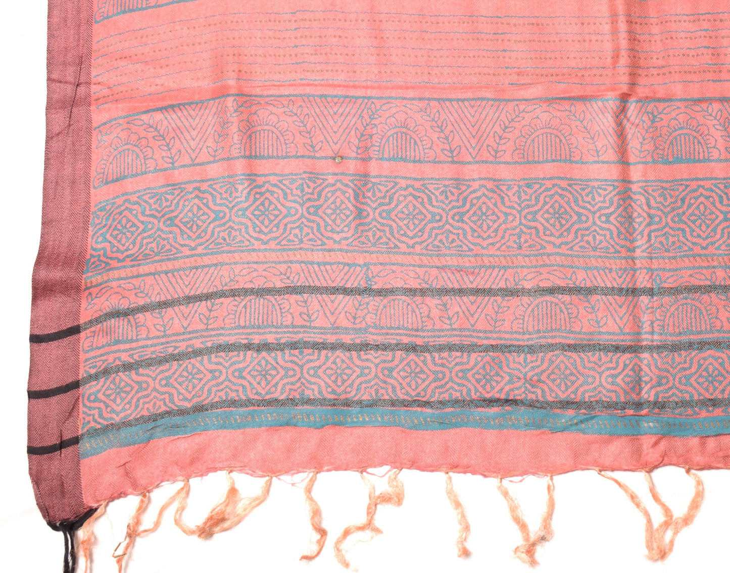 Sushila Vintage Pure Woolen Dupatta Sky Blue & Peach Hand Block Floral LongStole