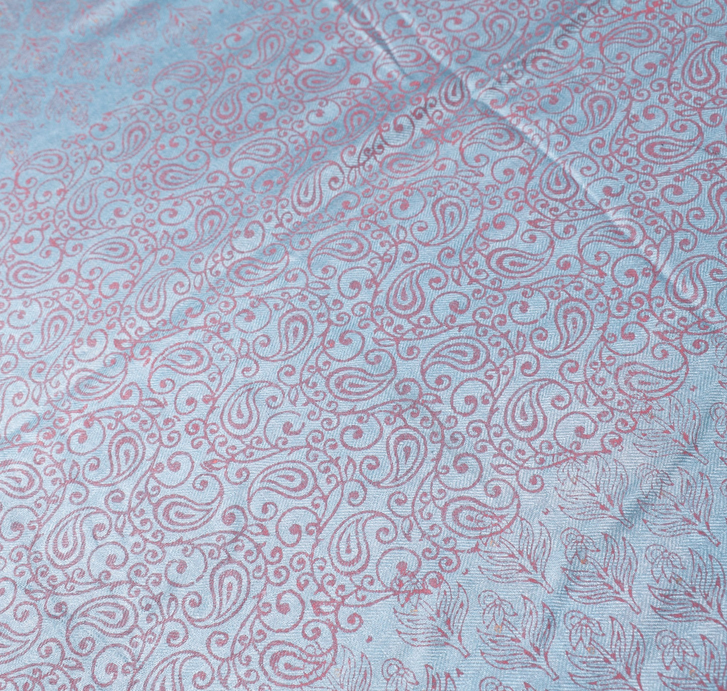 Sushila Vintage Pure Woolen Dupatta Sky Blue & Peach Hand Block Floral LongStole