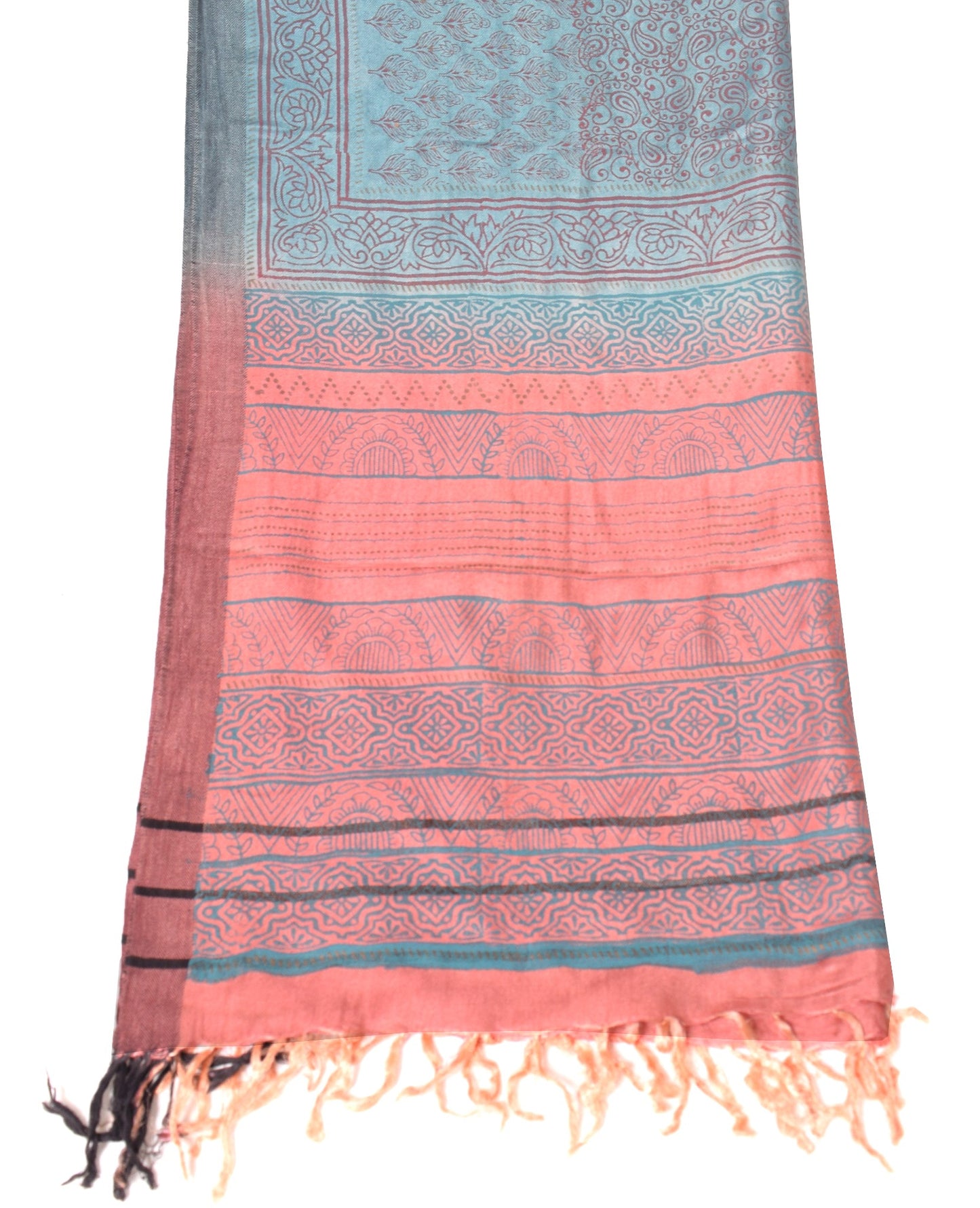 Sushila Vintage Pure Woolen Dupatta Sky Blue & Peach Hand Block Floral LongStole