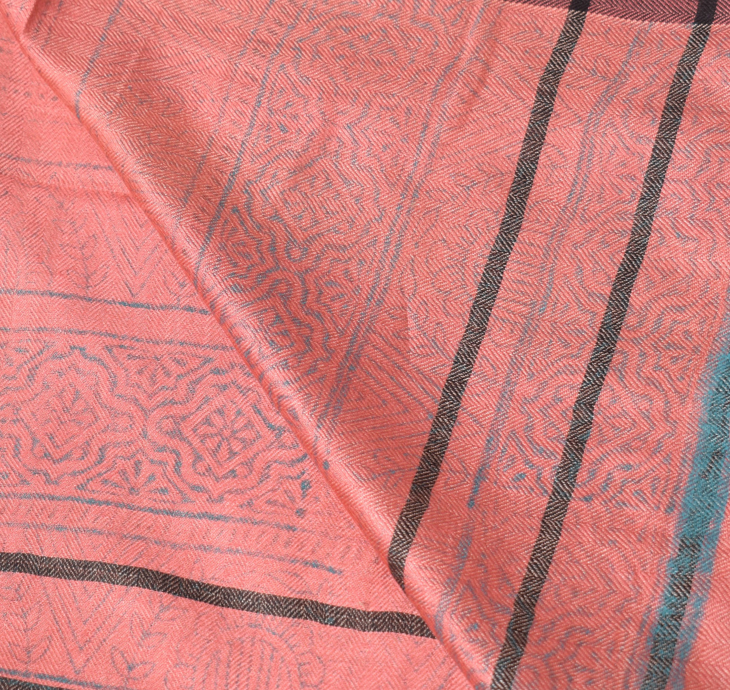 Sushila Vintage Pure Woolen Dupatta Sky Blue & Peach Hand Block Floral LongStole