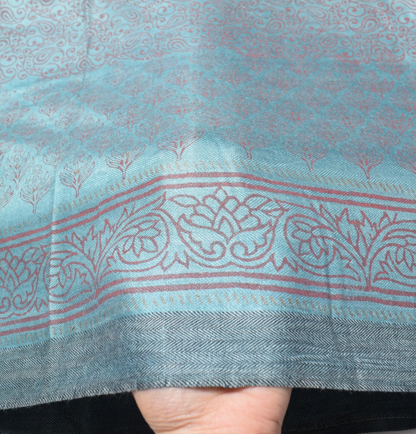 Sushila Vintage Pure Woolen Dupatta Sky Blue & Peach Hand Block Floral LongStole