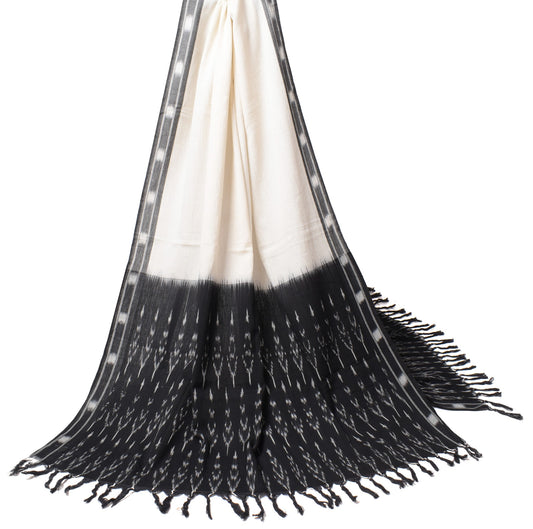 Sushila Vintage White Black Dupatta Pure Cotton Hand Woven Ikat Long Stole Wrap