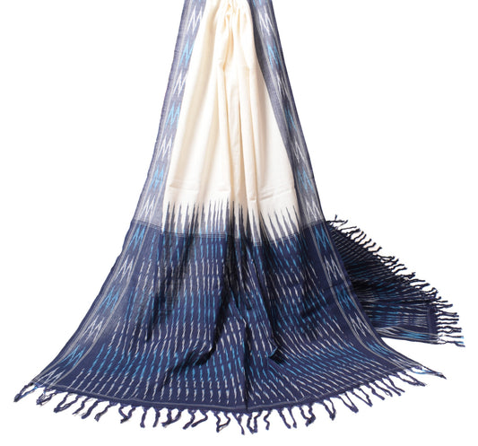 Sushila Vintage White Blue Dupatta Pure Cotton Hand Woven Ikat Long Stole Wrap