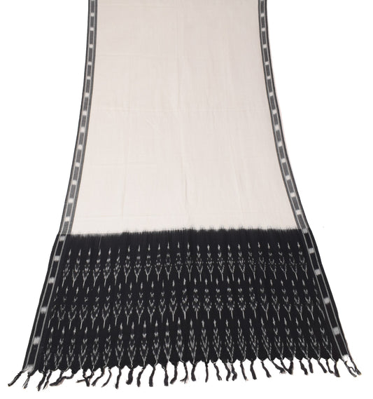 Sushila Vintage White Black Dupatta Pure Cotton Hand Woven Ikat Long Stole Wrap