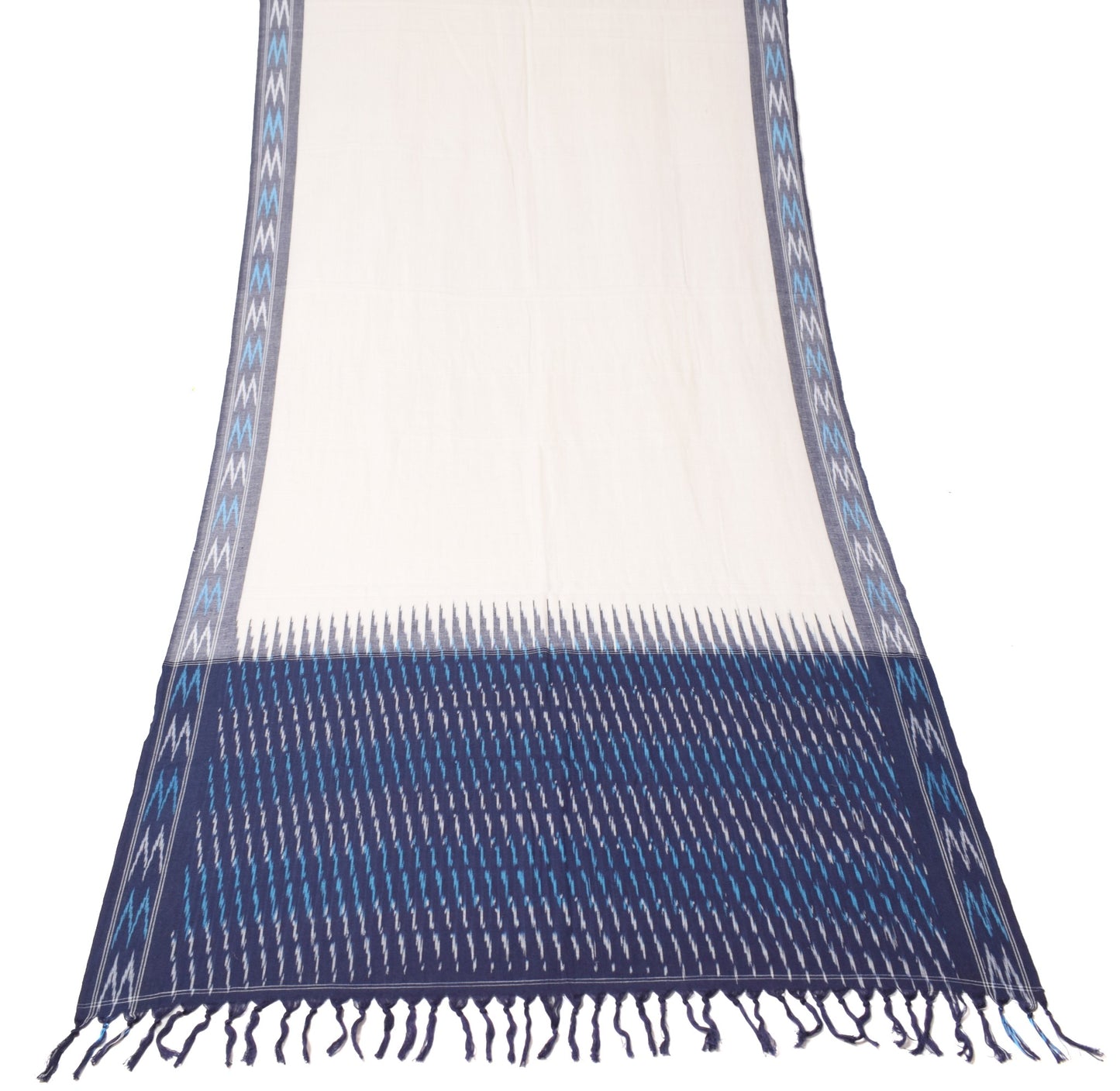 Sushila Vintage White Blue Dupatta Pure Cotton Hand Woven Ikat Long Stole Wrap