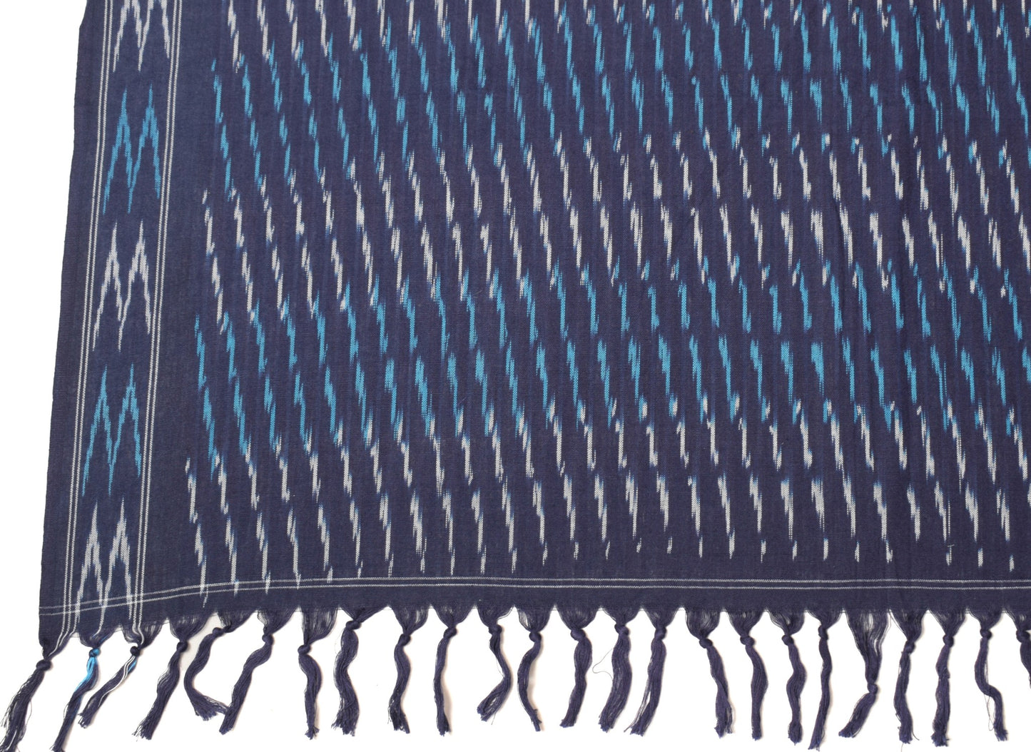 Sushila Vintage White Blue Dupatta Pure Cotton Hand Woven Ikat Long Stole Wrap