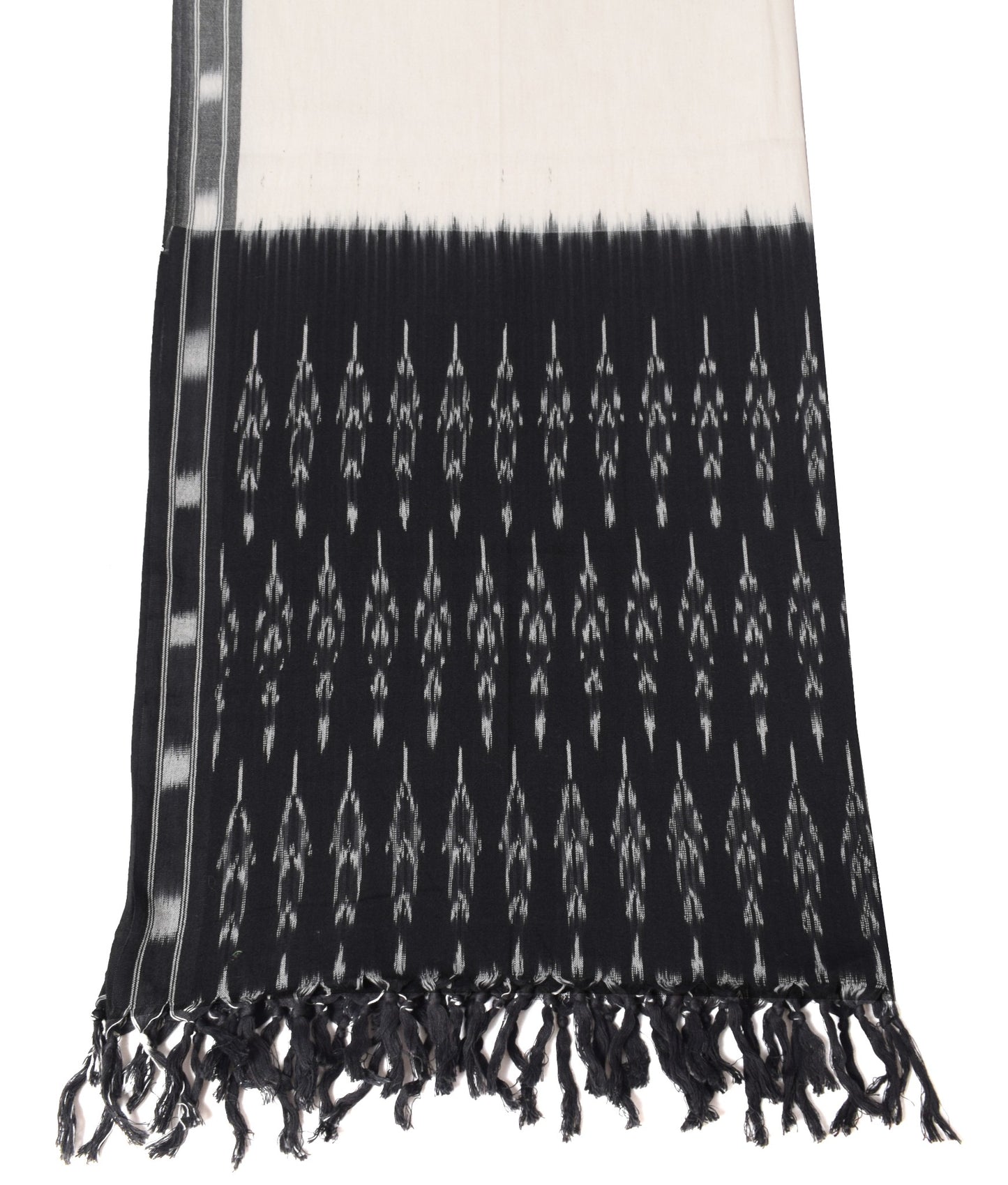 Sushila Vintage White Black Dupatta Pure Cotton Hand Woven Ikat Long Stole Wrap
