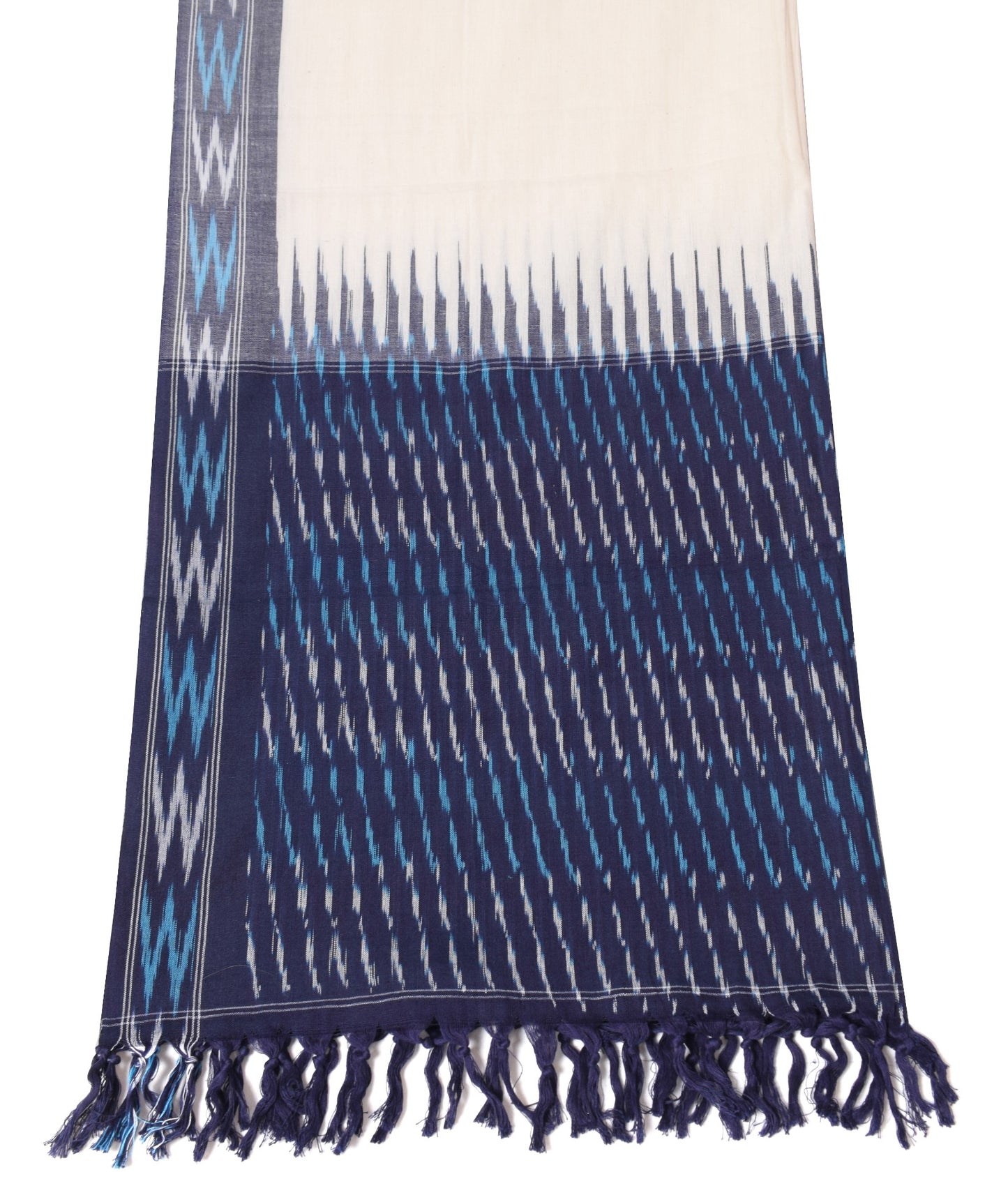 Sushila Vintage White Blue Dupatta Pure Cotton Hand Woven Ikat Long Stole Wrap