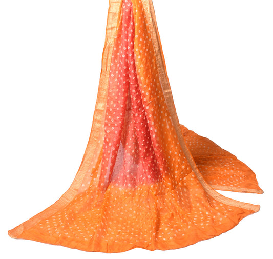 Sushila Vintage Bandhani Dupatta Woven Border Pure Silk Red Orange Long Stole
