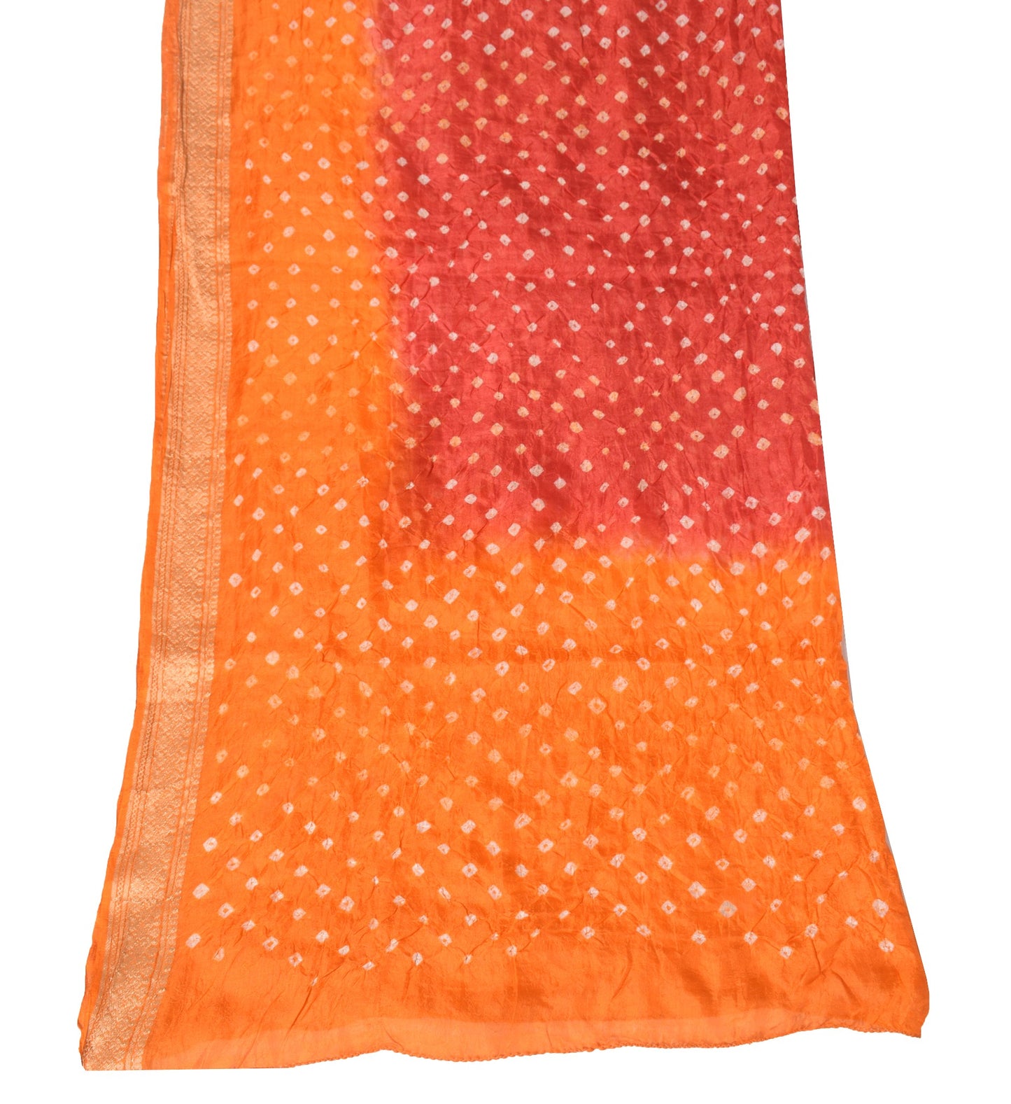 Sushila Vintage Bandhani Dupatta Woven Border Pure Silk Red Orange Long Stole