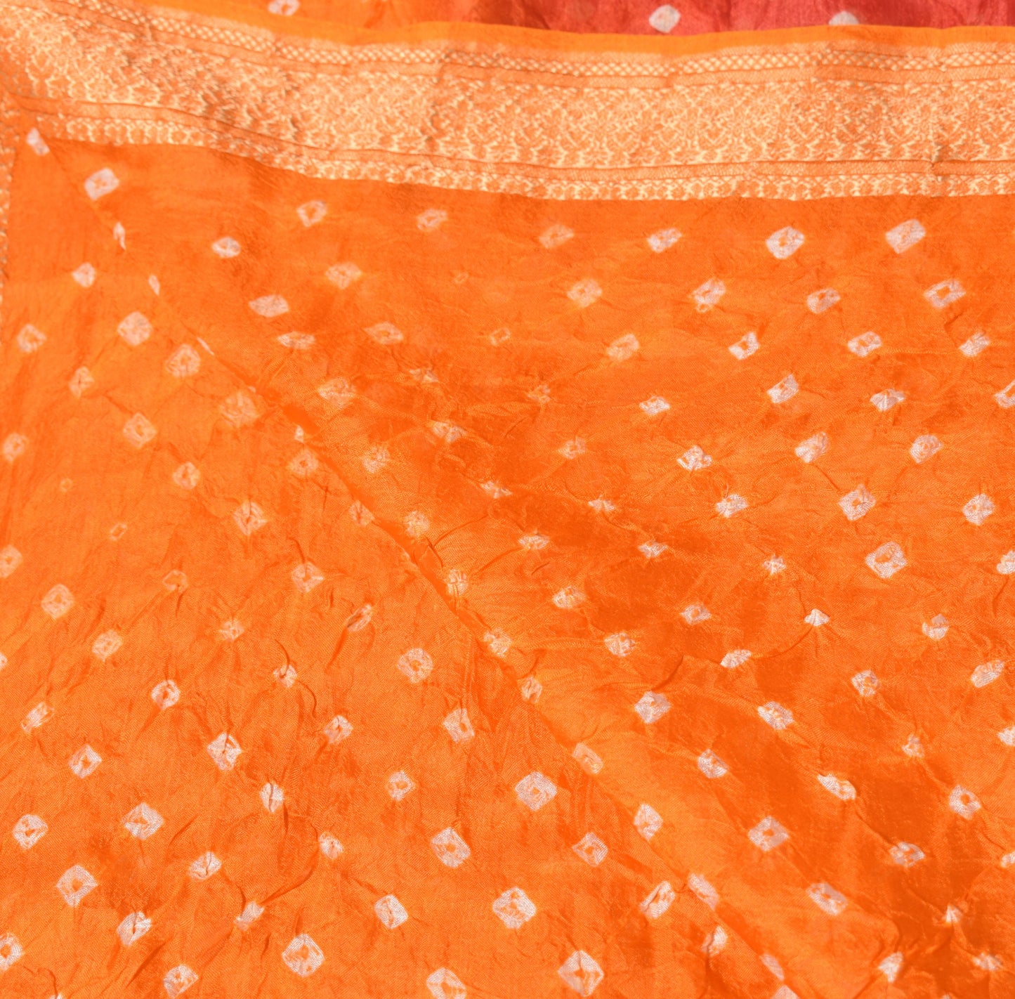 Sushila Vintage Bandhani Dupatta Woven Border Pure Silk Red Orange Long Stole