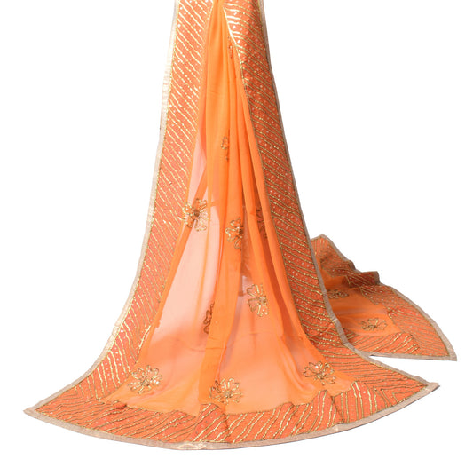 Sushila Vintage Floral Orange Dupatta Georgette Embroidered Long Stole Scarves