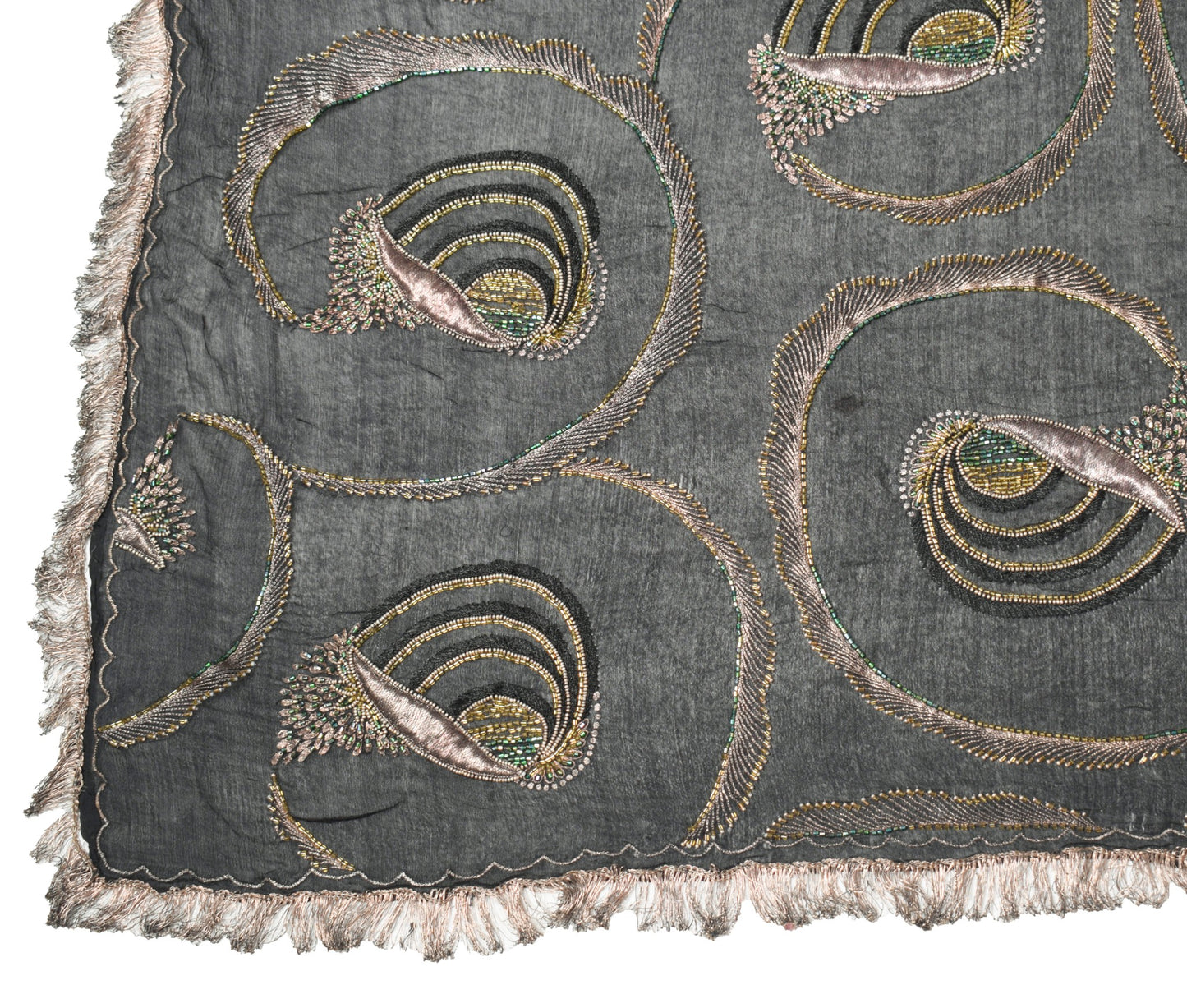 Sushila Vintage Glass Beads Embellish Dupatta Pure Chiffon Black Soft Long Stole