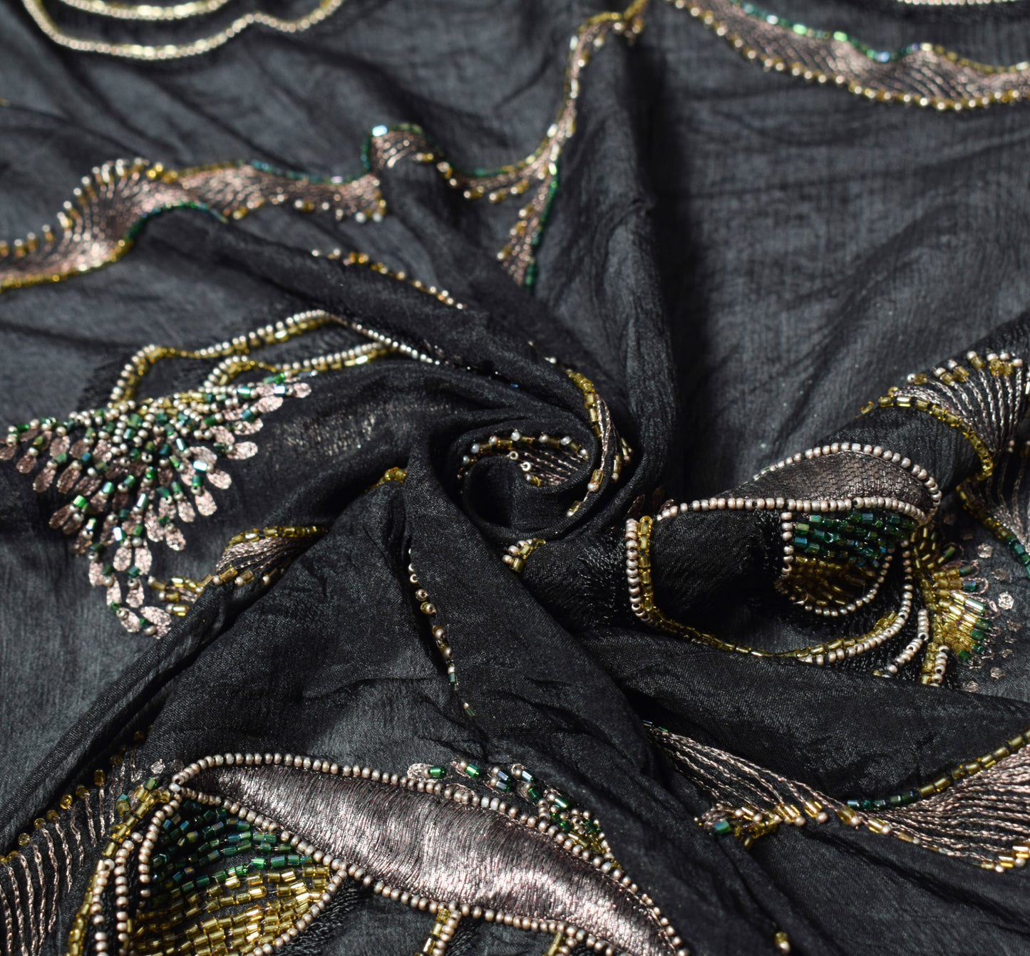 Sushila Vintage Glass Beads Embellish Dupatta Pure Chiffon Black Soft Long Stole