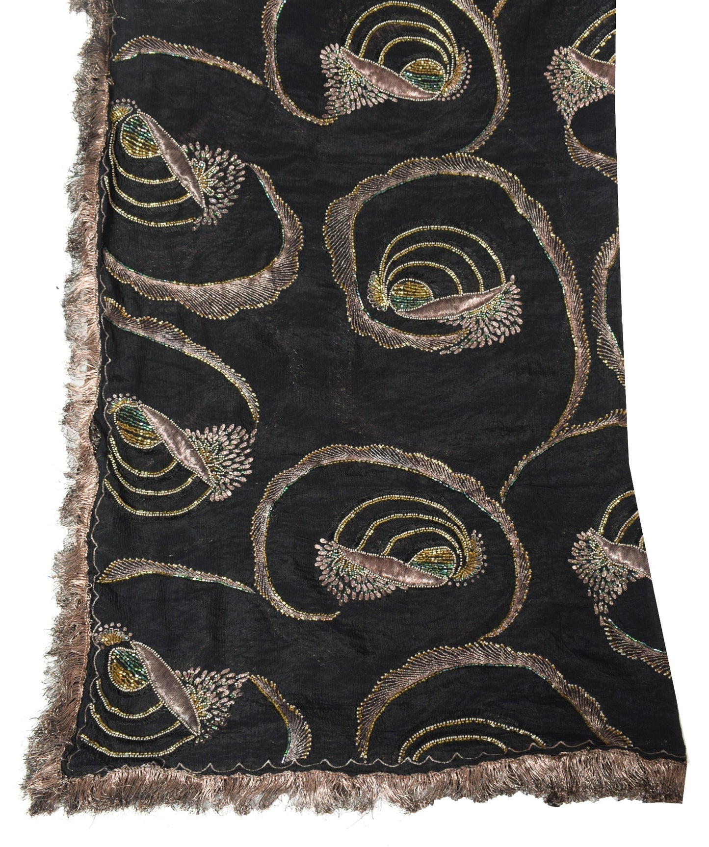 Sushila Vintage Glass Beads Embellish Dupatta Pure Chiffon Black Soft Long Stole