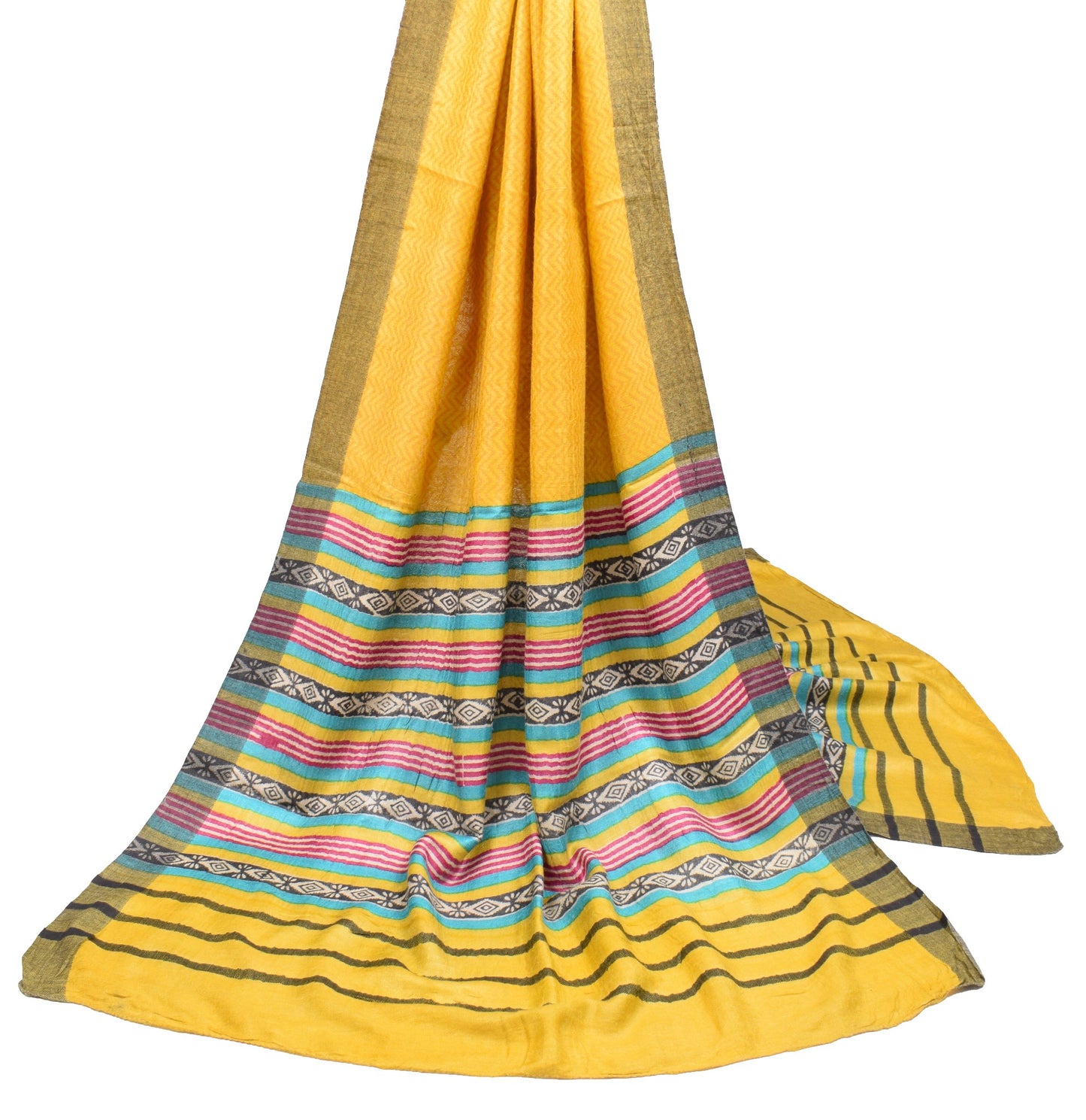 Sushila Vintage Yellow Dupatta Pure Woolen Hand Block Printed Soft Long Stole
