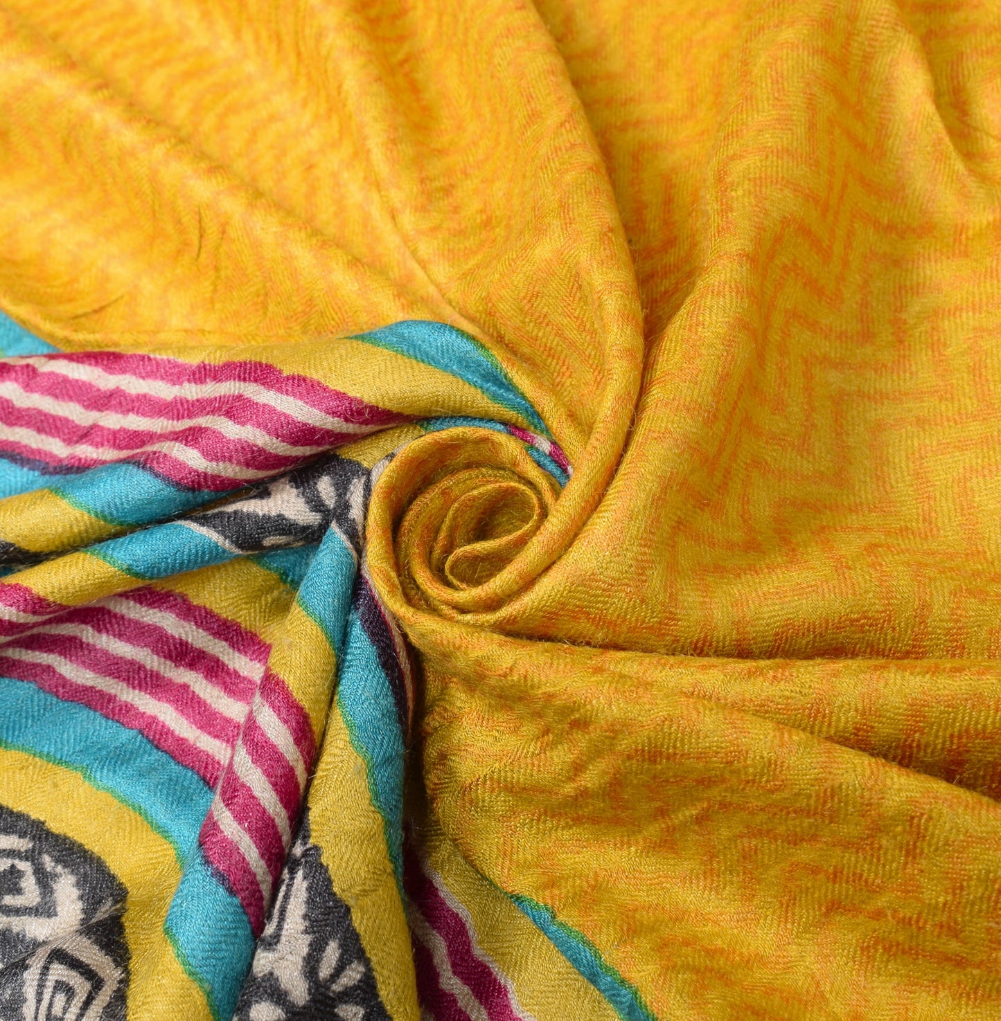 Sushila Vintage Yellow Dupatta Pure Woolen Hand Block Printed Soft Long Stole