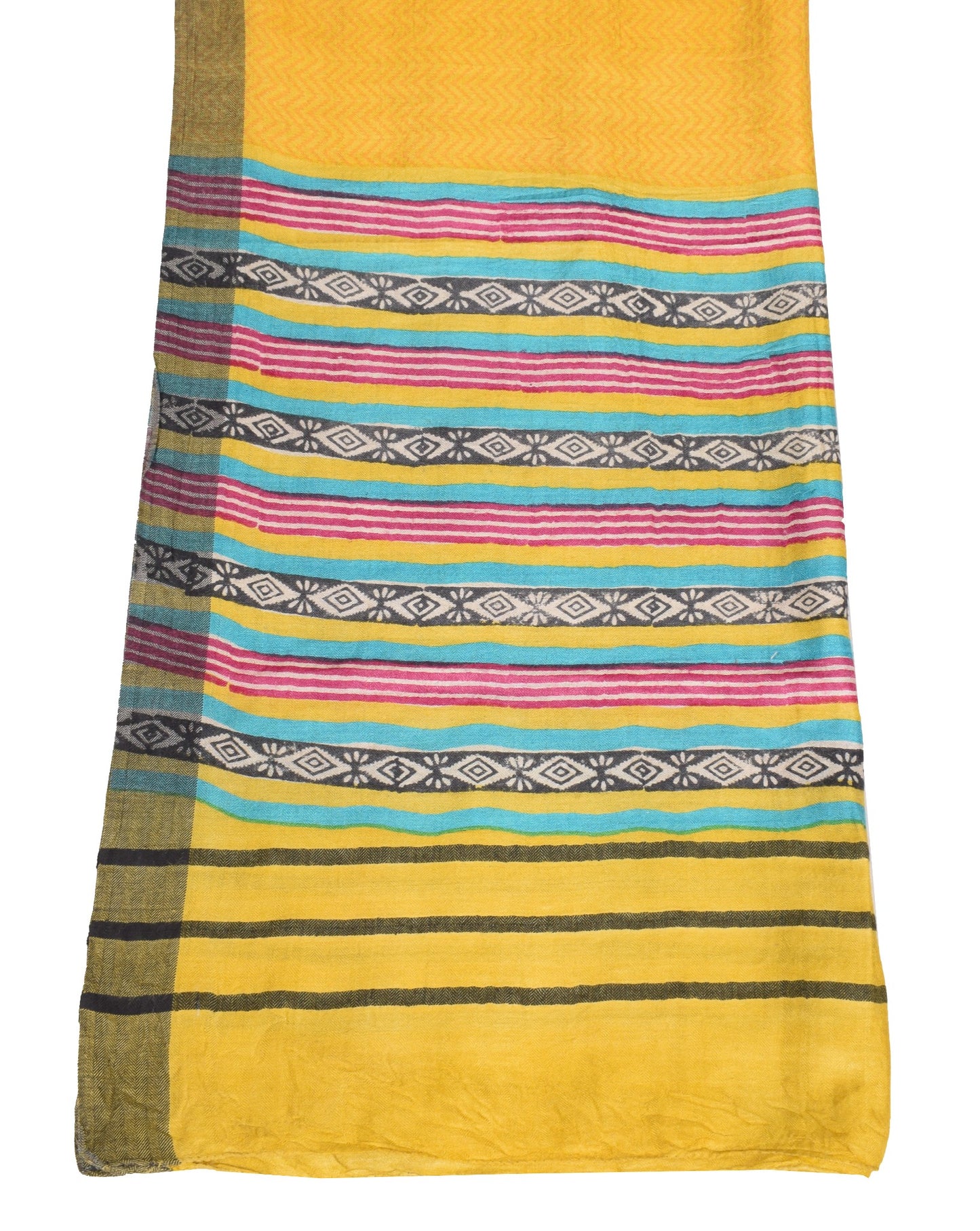 Sushila Vintage Yellow Dupatta Pure Woolen Hand Block Printed Soft Long Stole