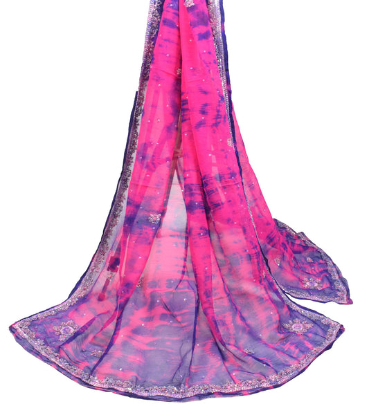Sushila Vintage Magenta Tie-Dye Dupatta Pure Chiffon Hand Beaded Long Stole Wrap
