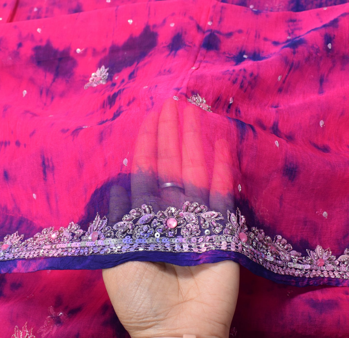 Sushila Vintage Magenta Tie-Dye Dupatta Pure Chiffon Hand Beaded Long Stole Wrap