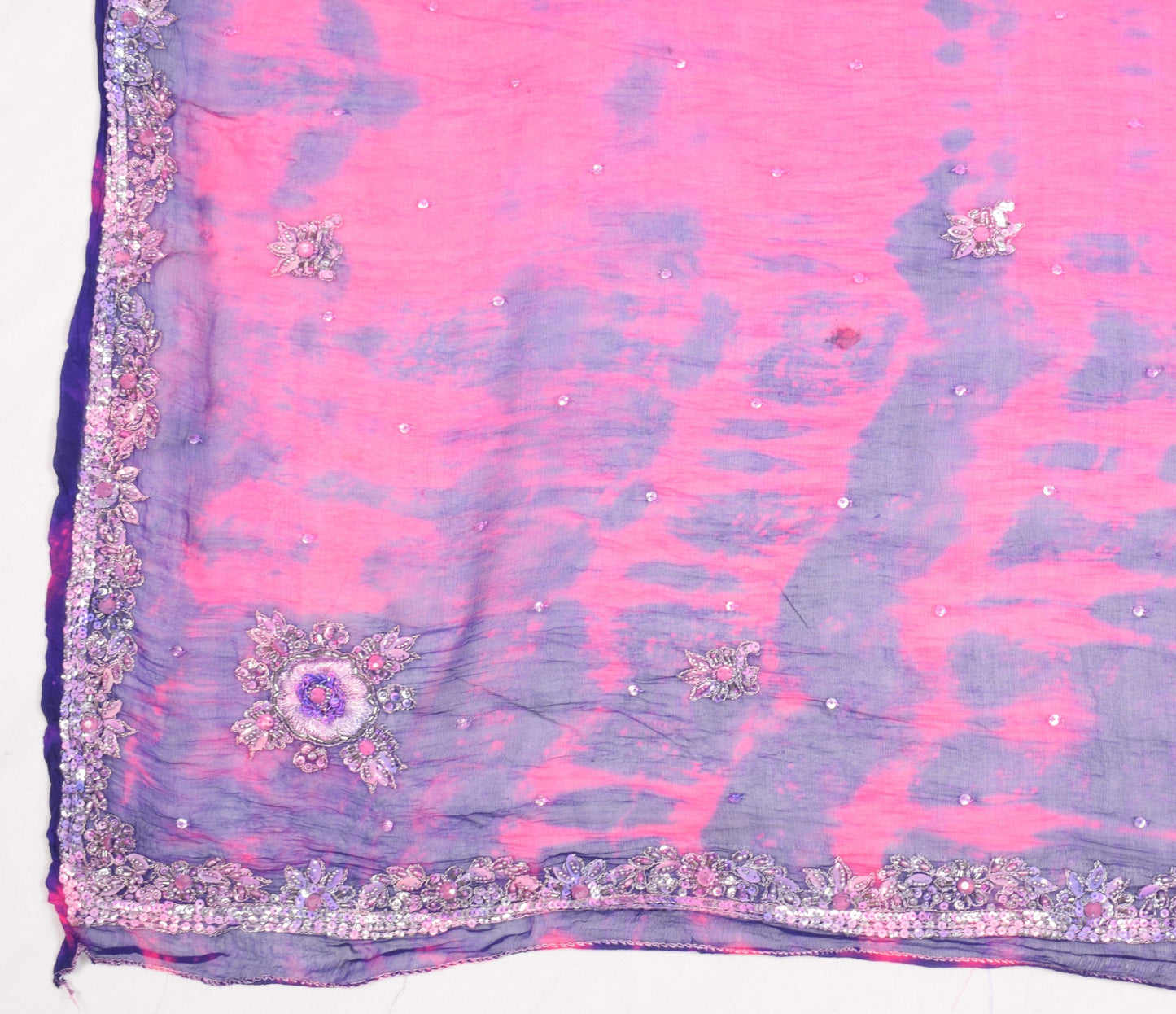 Sushila Vintage Magenta Tie-Dye Dupatta Pure Chiffon Hand Beaded Long Stole Wrap
