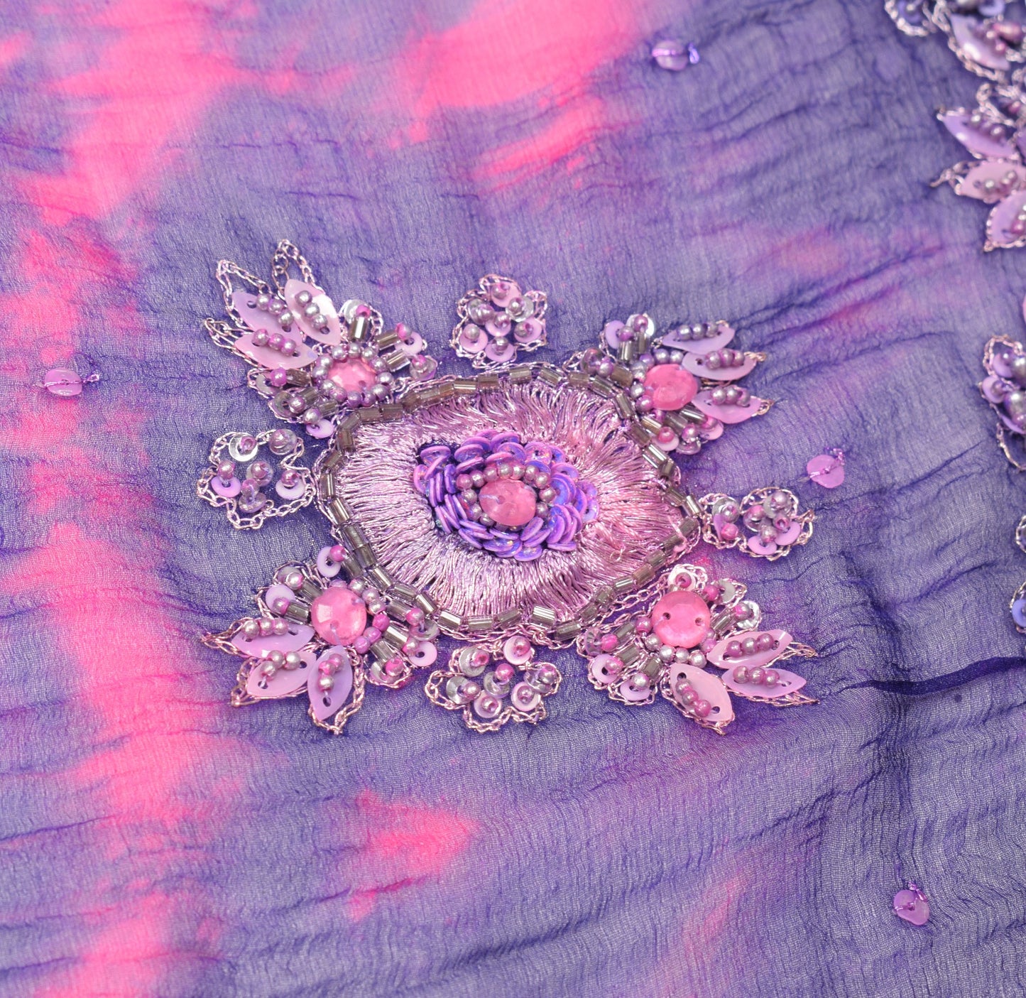 Sushila Vintage Magenta Tie-Dye Dupatta Pure Chiffon Hand Beaded Long Stole Wrap