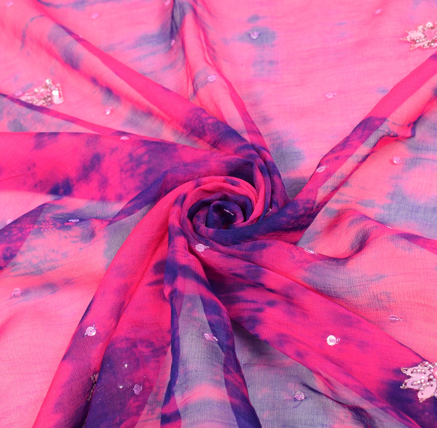 Sushila Vintage Magenta Tie-Dye Dupatta Pure Chiffon Hand Beaded Long Stole Wrap