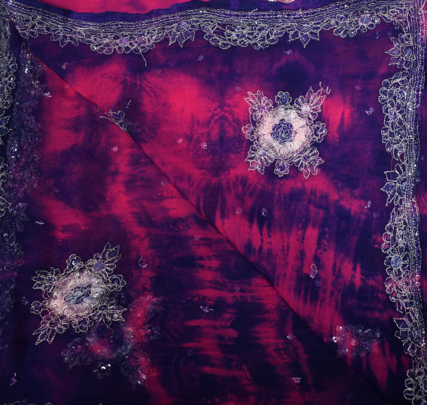 Sushila Vintage Magenta Tie-Dye Dupatta Pure Chiffon Hand Beaded Long Stole Wrap