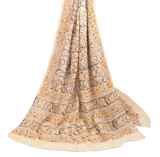 Sushila Vintage Handblock Print Kalamkari Dupatta Pure Cotton Cream Long Stole