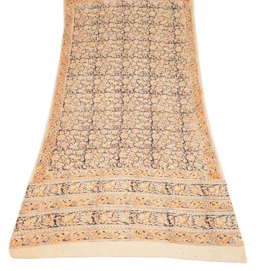 Sushila Vintage Handblock Print Kalamkari Dupatta Pure Cotton Cream Long Stole