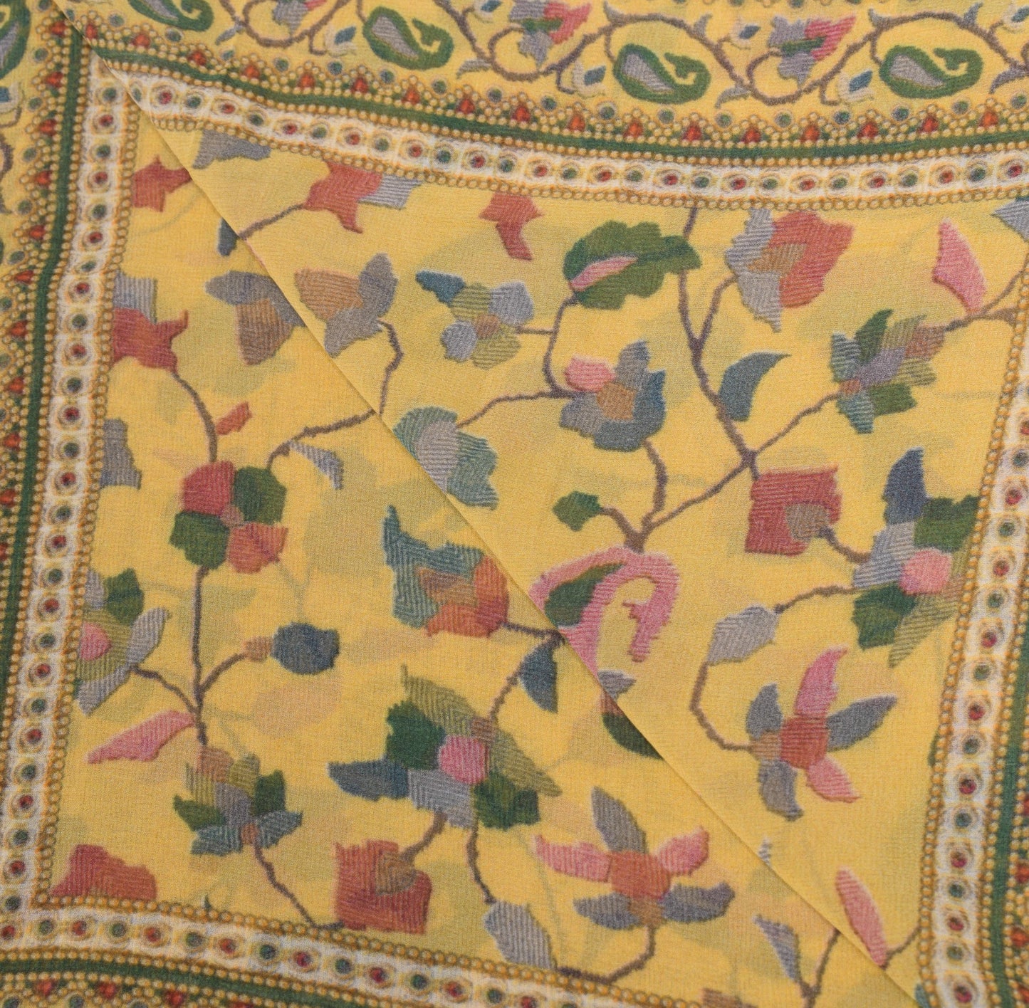 Sushila Vintage Kani Printed Dupatta Pure Georgette Paisley Yellow Long Stole