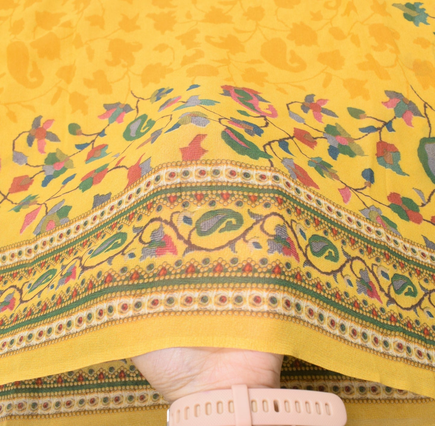 Sushila Vintage Kani Printed Dupatta Pure Georgette Paisley Yellow Long Stole