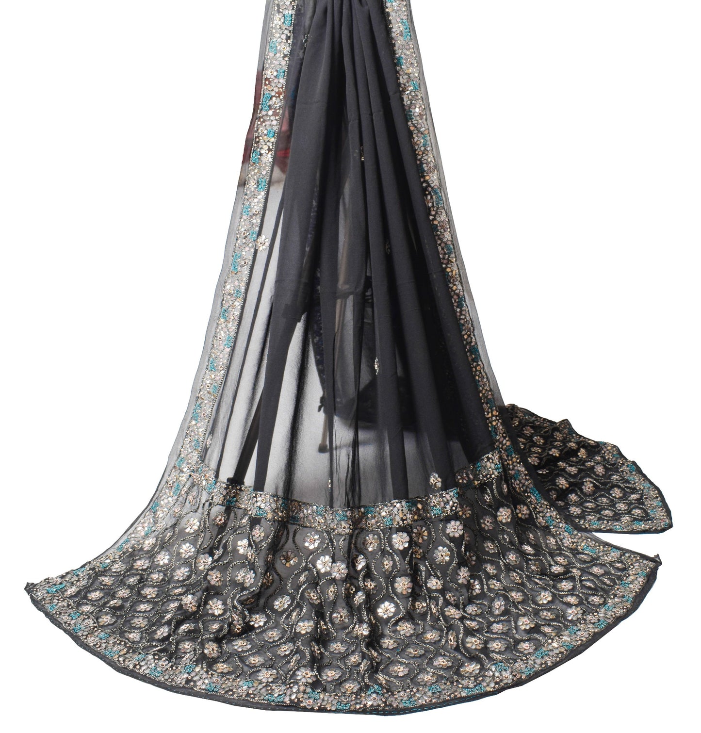 Sushila Vintage Hand Embroidered Dupatta Pure Georgette Black Floral Long Stole