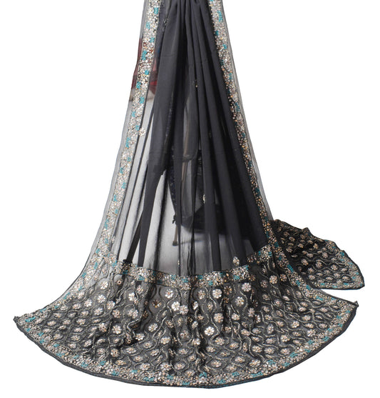 Sushila Vintage Hand Embroidered Dupatta Pure Georgette Black Floral Long Stole