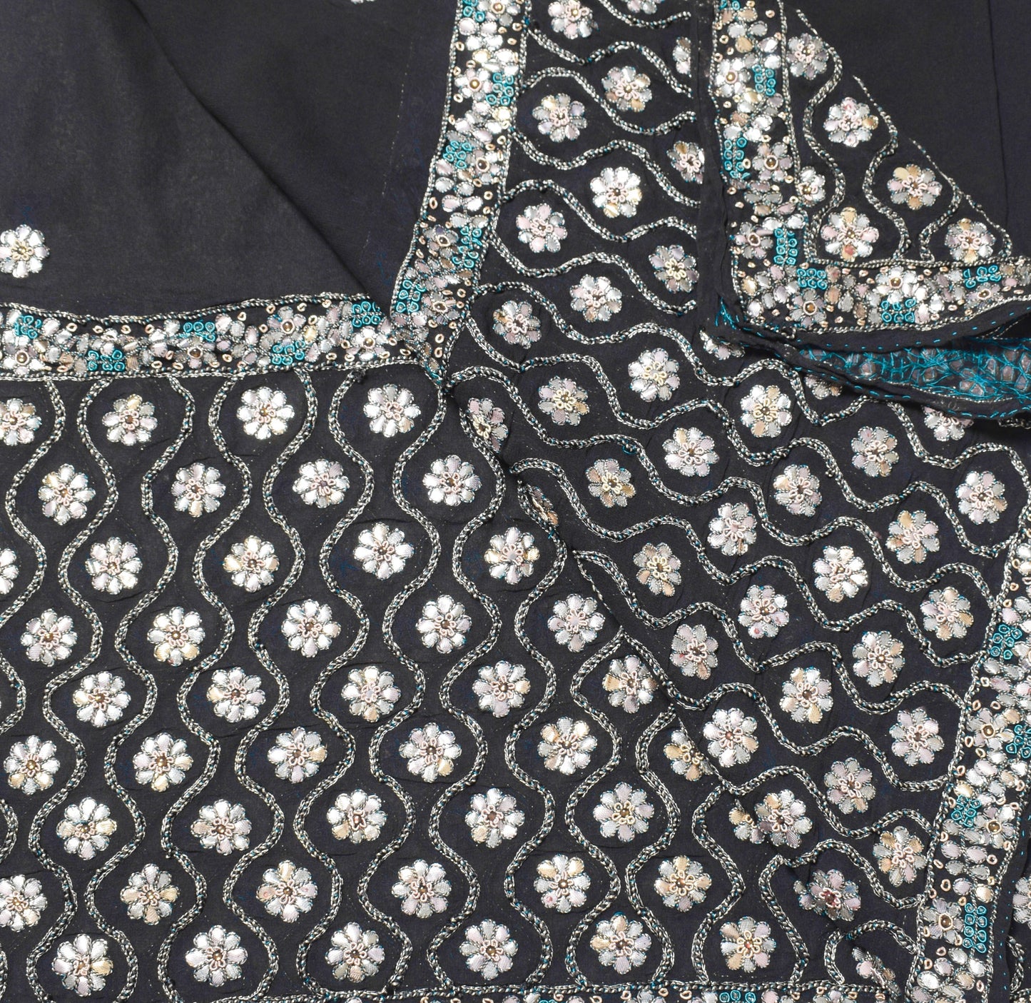 Sushila Vintage Hand Embroidered Dupatta Pure Georgette Black Floral Long Stole