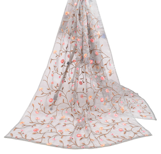 Sushila Vintage Floral Embroidered Dupatta Art Organza Silk Gray Long Stole Wrap