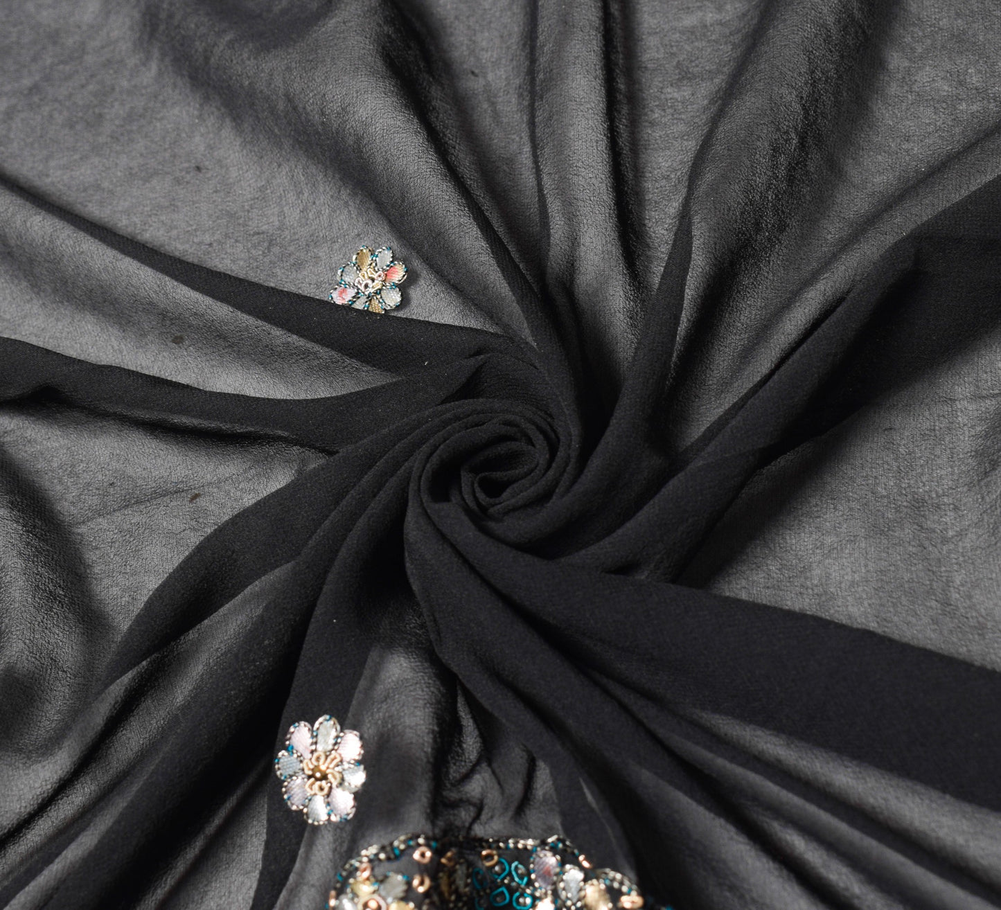 Sushila Vintage Hand Embroidered Dupatta Pure Georgette Black Floral Long Stole