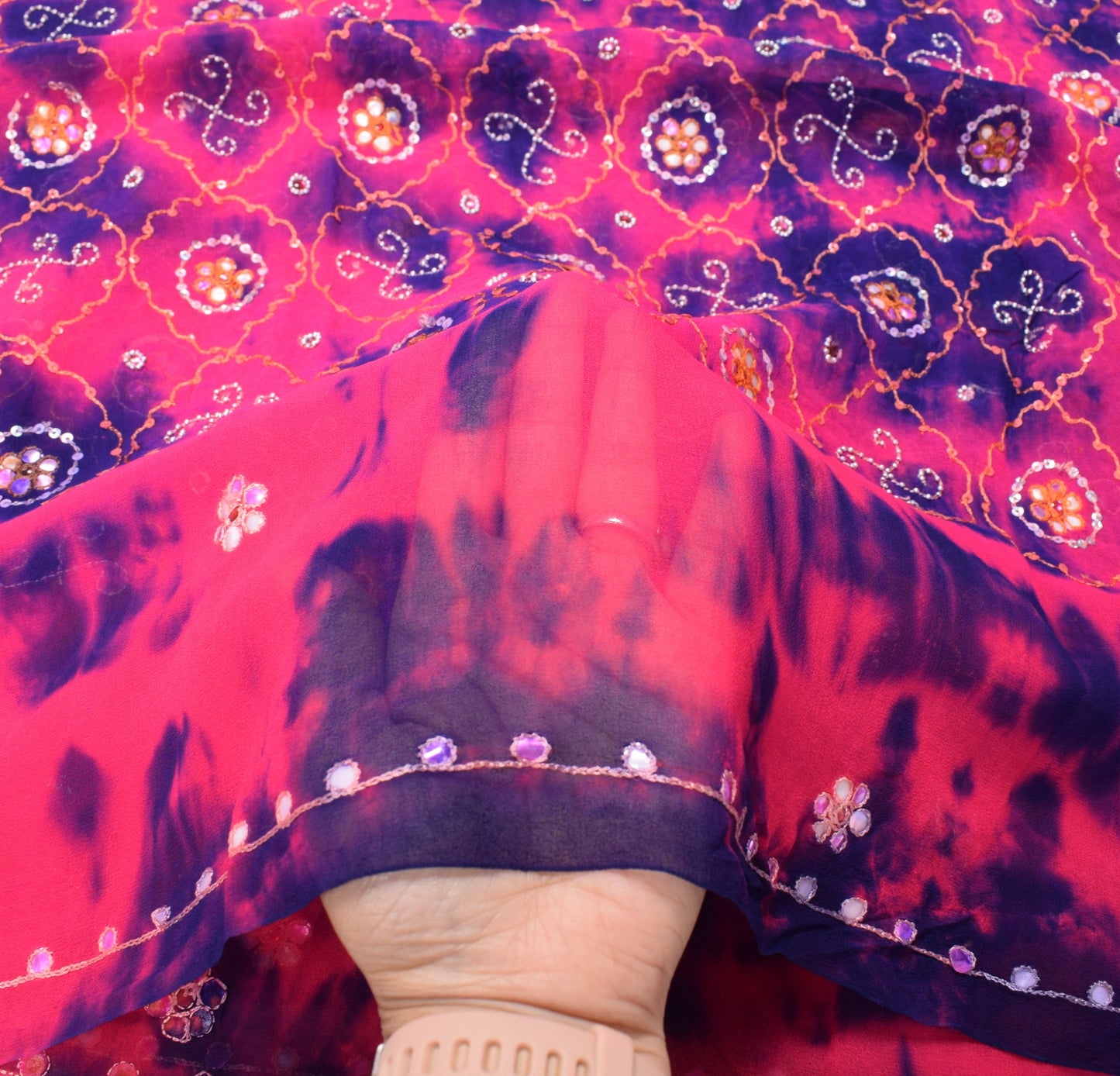 Sushila Vintage Tie-Dye Dupatta Magenta Pure Georgette Embroidered Long Stole