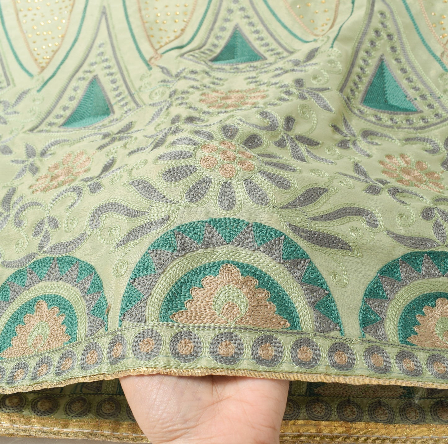 Sushila Vintage Pastel Mint Green Dupatta Embroidered Floral Art Silk Long Stole