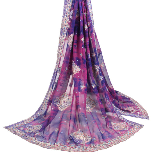 Sushila Vintage Tie-Dye Dupatta Blue Pure Georgette Hand Embroidered Long Stole