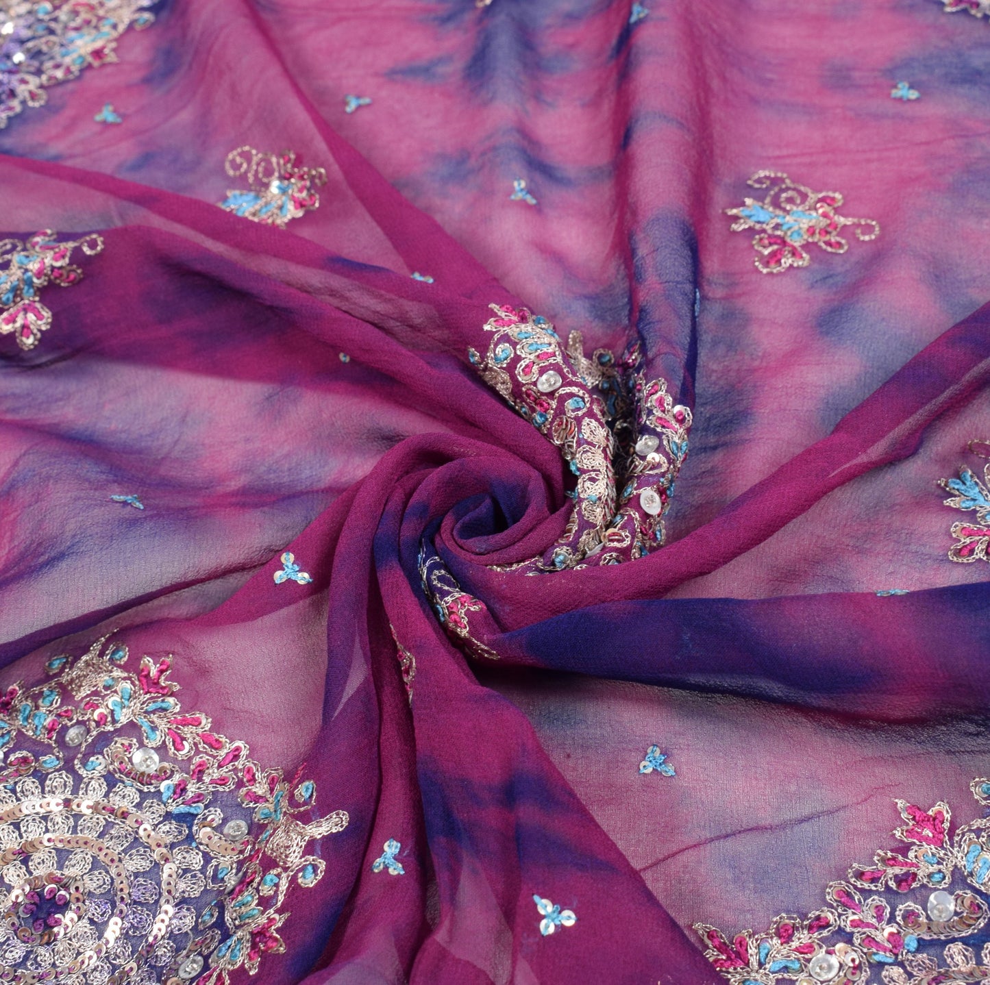 Sushila Vintage Tie-Dye Dupatta Blue Pure Georgette Hand Embroidered Long Stole